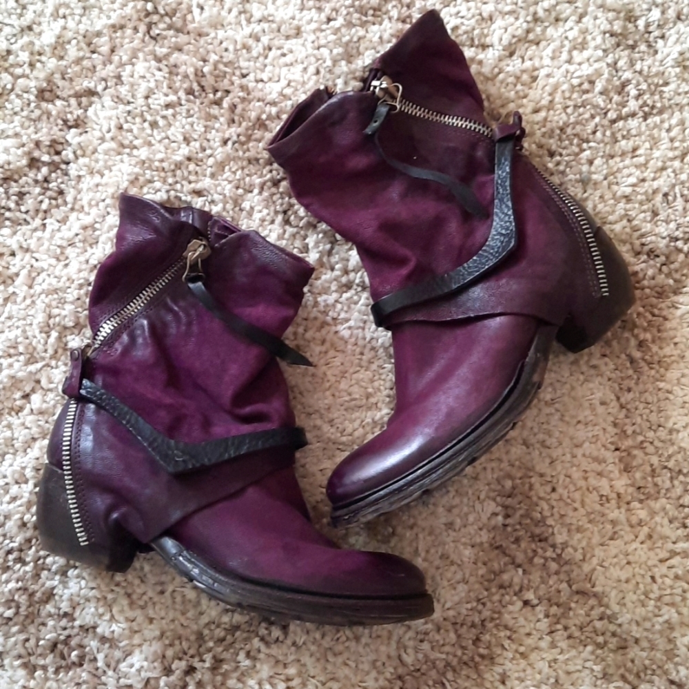 A.S.98 Purple Deep Plum Ankle Leather Boots